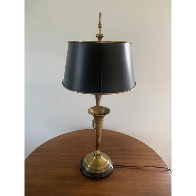 French Country Mid-20th Century English Country Brass Horn Bouillotte Lamp With Black Tole Shade For Sale - Image 3 of 12
