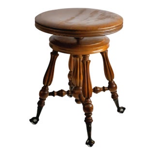 Antique H. Holtzman & Sons Victorian Adjustable Swivel Piano Stool With Glass Ball Claw Feet For Sale