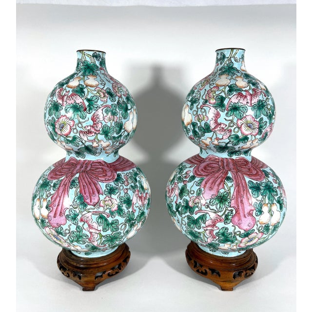 Chinoiserie Rare Republic Huluping Chinese Enamel Double Gourd Baby Blue Opposing Vases With Stands - A Pair For Sale - Image 3 of 10