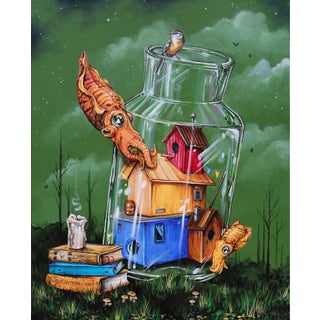 Precognitive Dream by Patrick Maxcy | Acrylic on Canvas Surreal scene with a jar, houses, and birds. For Sale