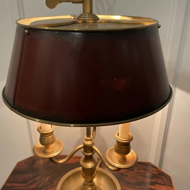 French French Brass Bouillotte Lamp With Red Tole Shade For Sale - Image 3 of 5