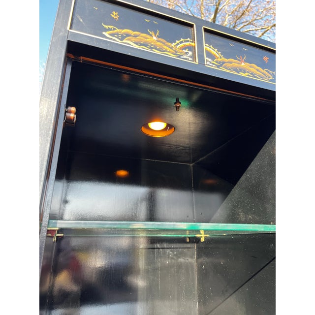 1970s Jasper Cabinet Co. Chinoiserie Black Lacquer Hand Painted Drop Down Mirror Back Bar and Desk For Sale - Image 9 of 12