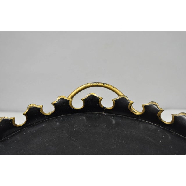 Vintage French Country Black and Gold Hand Painted Oval Toleware Serving Tray For Sale - Image 11 of 15