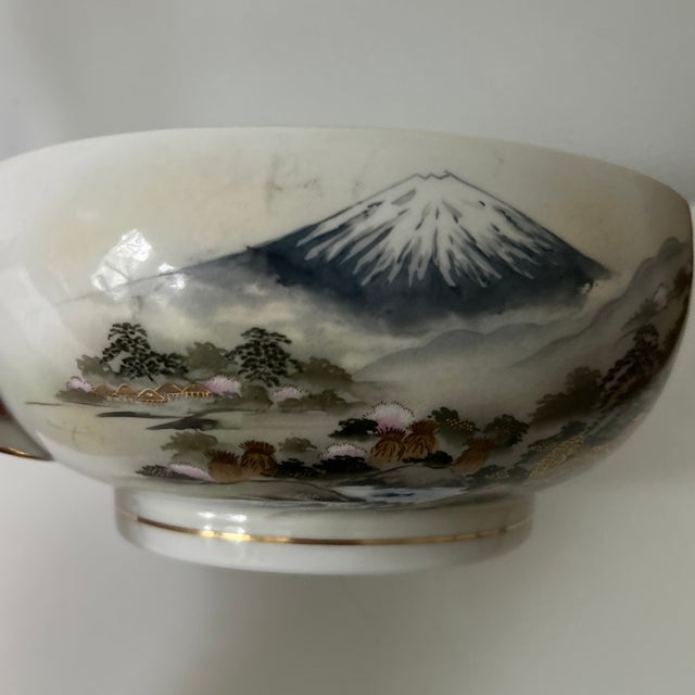 Blue Vintage Kutani Hand-Painted Mount Fuji Porcelain Bowl With Handles For Sale - Image 8 of 9