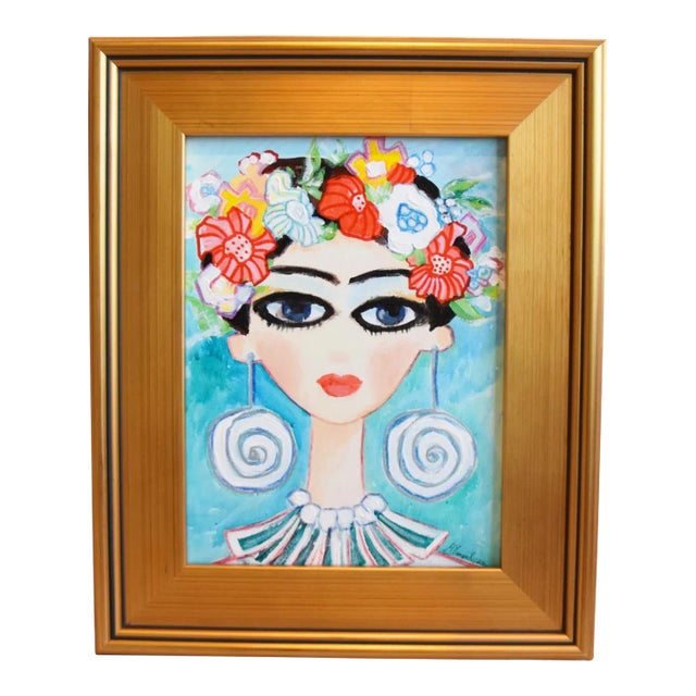 Woman With Flower Headdress Portrait Oil Painting Including the Antiqued Gold Wood Frame For Sale