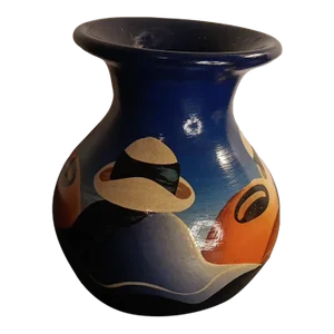 1980s Signed South American Ecuador Quechua Poncho Pottery Vase