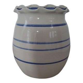 Vintage Marshall Pottery Signed Hand-Crafted Utensils Stoneware Crock Vase W/Pinched Rim Blue Stripes For Sale