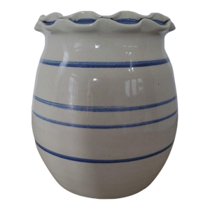 Vintage Marshall Pottery Signed Hand-Crafted Utensils Stoneware Crock Vase W/Pinched Rim Blue Stripes