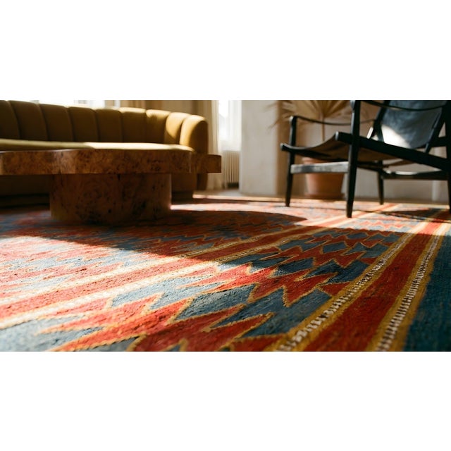 1930s Red Blue Diamond Tribal Antique Indian Cotton Dhurrie Carpet 6' X 9'7" Flatweave Cotton Rug For Sale - Image 16 of 16