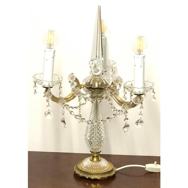 Mid-Century Modern Brass and Lead Crystal 3-Light Table Lamp, 1950s For Sale - Image 3 of 4