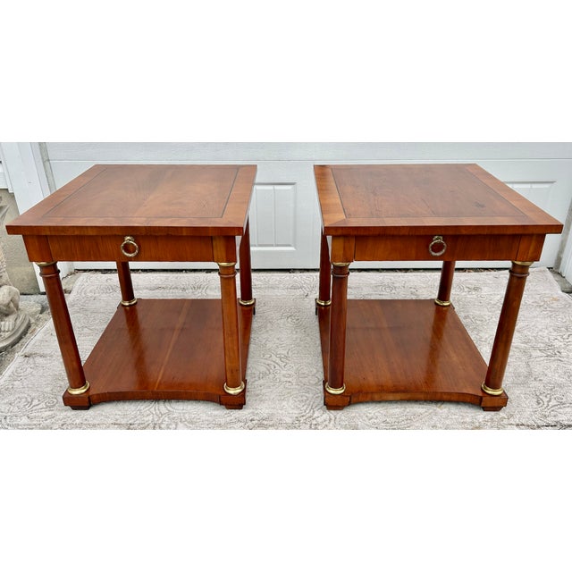 Brown Baker Furniture Cherry Tables Vintage Regency Style Inlaid Wood Brass Trim Pair For Sale - Image 8 of 16