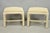 Vintage Hollywood Regency Rattan Pencil Reed Stretcher Base Stools by American Drew with Beige Linen Upholstery - a Pair....