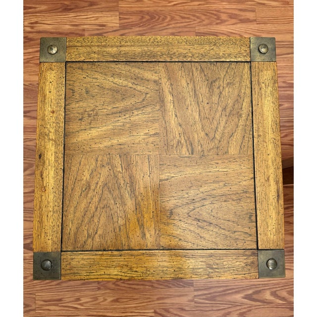 Wood Campaign Style Parquet Solid Wood & Brass Side Tables, a Pair For Sale - Image 7 of 10