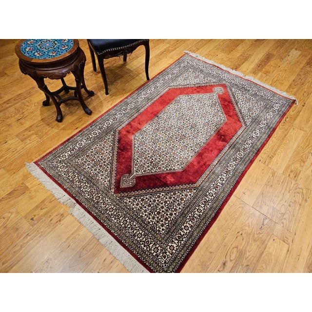 Red Vintage Persian Qum Area Rug, Hand-Knotted Silk, Herati Medallion Pattern, Ivory & Red, 4x6 For Sale - Image 8 of 16