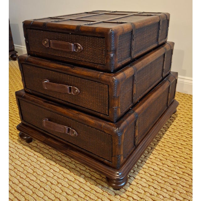 Late 20th Century Stacking Luggage-Form Leather & Woven Rattan Side Table Chest For Sale - Image 10 of 11