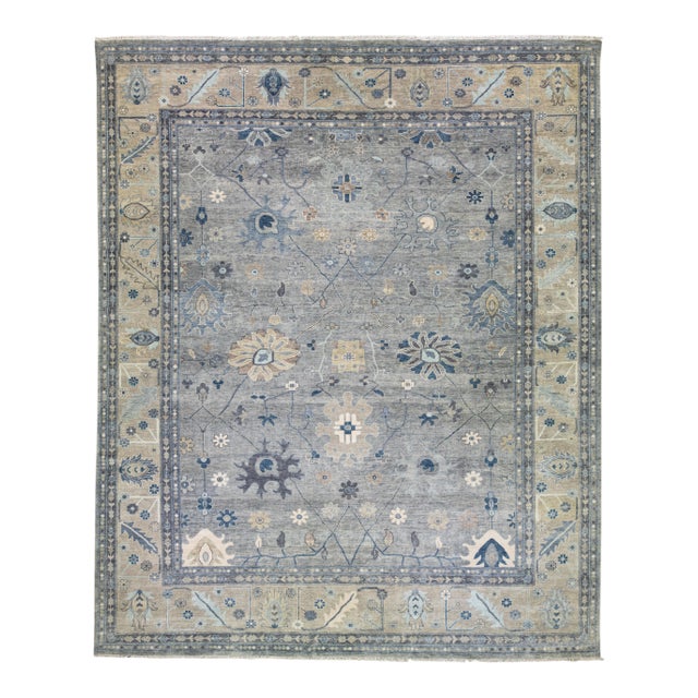 Gray Modern Oushak Style Handmade Floral Motif Oversize Wool Rug For Sale