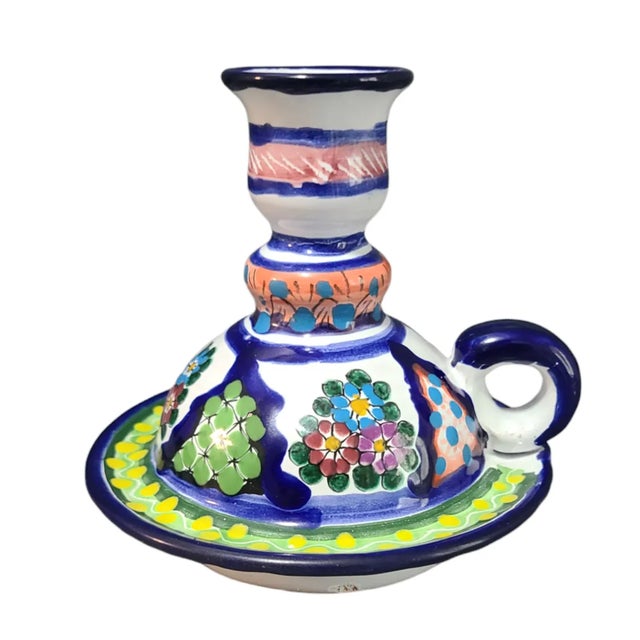 Royal Blue Vintage Hand Painted Colorful Terra-Cotta Mexican Talavera Chamber Candle Stick For Sale - Image 8 of 8