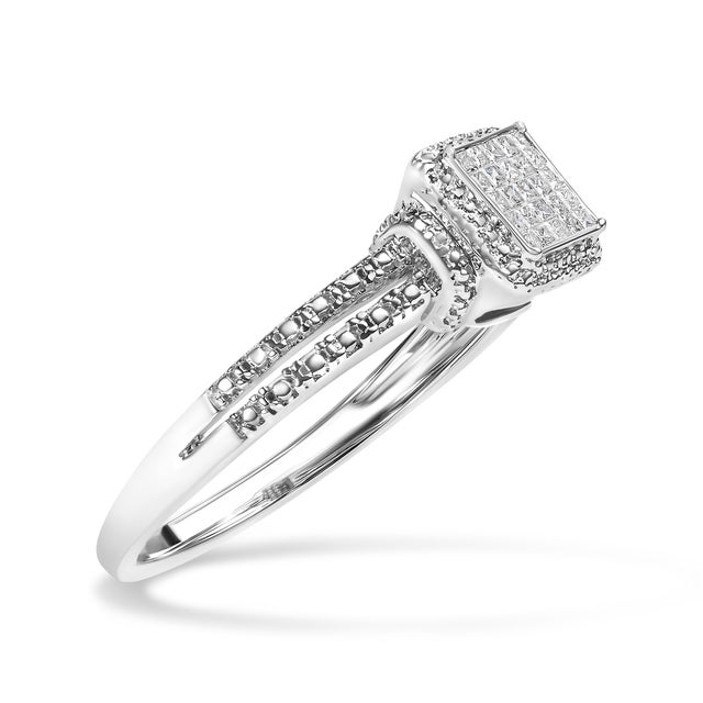 Contemporary .925 Sterling Silver 1/4 Cttw Princess-cut Diamond Composite Ring with Beaded Halo (H-I Color, SI1-SI2 Clarity) - Size 7 For Sale - Image 3 of 6