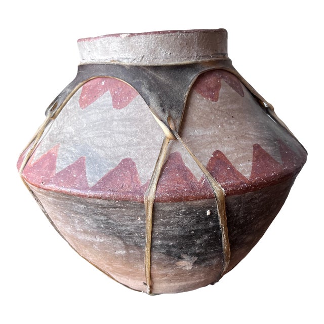 Vintage Tarahumara Raramuri Handmade Pottery 9.5" Height With Rawhide For Sale