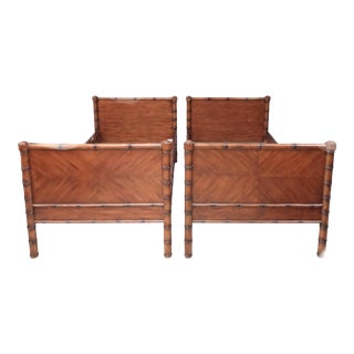 Vintage Faux Bamboo British Colonial Island Style Twin Size Wood Bed Frame - a Pair For Sale