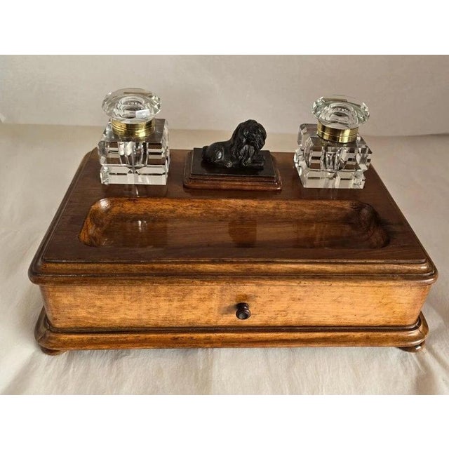 19th Century Olive Wood Twin Inkwell Standish with Bronze Lion Dog For Sale - Image 11 of 18