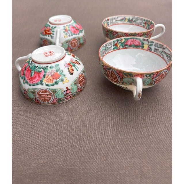 Vintage Chinese Export Famille Rose Medallion Canton Porcelain Tea Service | 11 Piece Hand-Painted Teapot Set With Cups, Creamer & Covered Bowls For Sale - Image 9 of 12