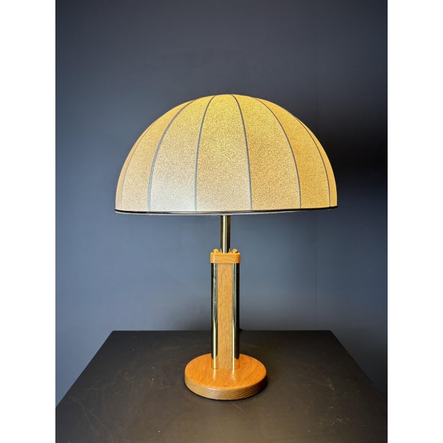 Midcentury oak and brass Austrian table lamp, mushroom shade, 1960s-1970s. This lamp is in great vintage condition with...