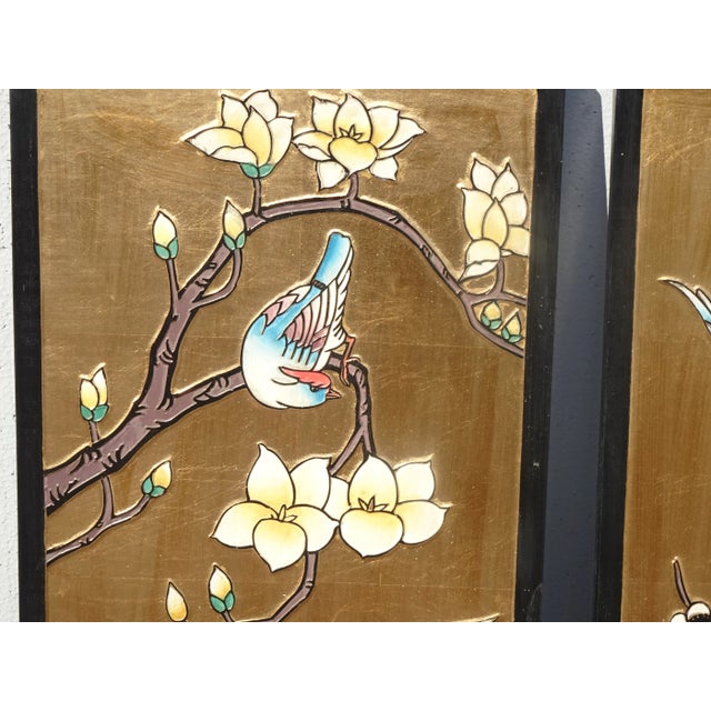 Vintage 1940s Oriental Asian Coromandel Chinoiserie Gold Four Panel Screen with Floral Bird For Sale - Image 12 of 13