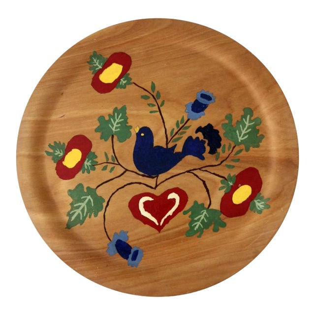 Vintage Hand Painted Wood Plate For Sale