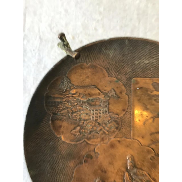 1920s Copper Stamped Dish Or Disc With Patina On Copper Faux Bamboo Stand For Sale - Image 9 of 10