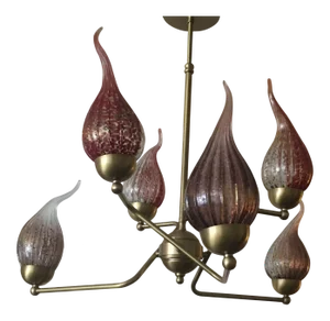 Handblown Red Murano Glass Flame-Tip Brass Chandelier