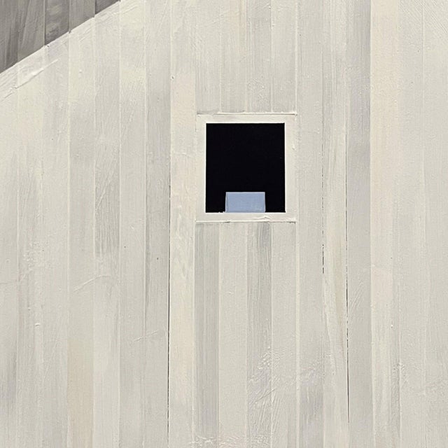 The artwork depicts a minimalist architectural structure, characterized by its stark white wooden panels and simple...
