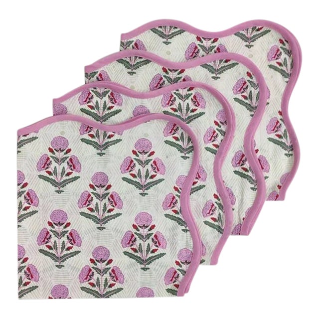 Handmade Scalloped Light Pink Poppy Napkins with Pale Pink Trim - Set of 4 For Sale