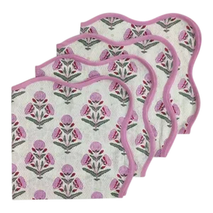 Handmade Scalloped Light Pink Poppy Napkins with Pale Pink Trim - Set of 4