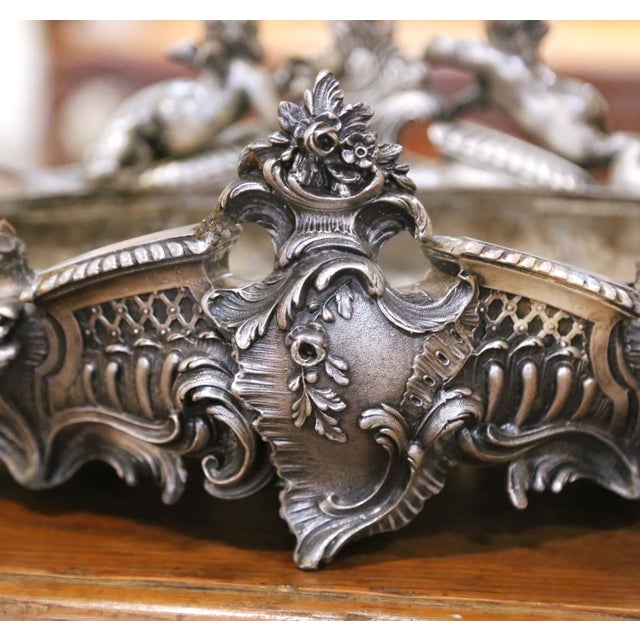 Late 19th Century 19th Century French Louis XV Rococo Silvered Oval Table Jardinière With Cherubs For Sale - Image 5 of 10