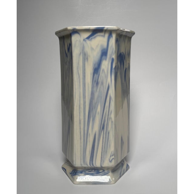 American Vintage Traditional Neoclassical Blue & White Ceramic Studio Art Pottery Vase For Sale - Image 3 of 12