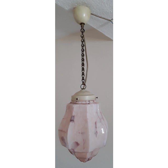 Art Deco Ceiling Lamp with Ornamental Brass Chain, 1920s, in Very Good conditions. Designed 1920 to 1949 European Plug (up...