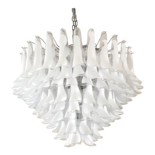 White and Transparent “Selle” Murano Glass Chandelier in Mazzega Style For Sale