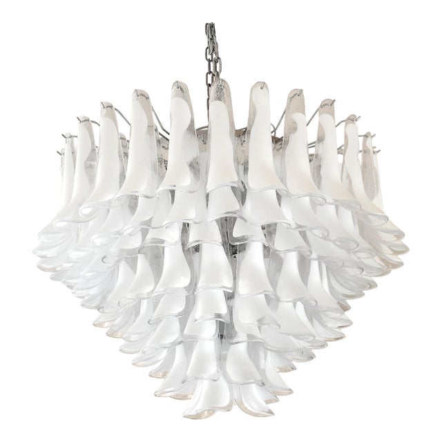 White and Transparent “Selle” Murano Glass Chandelier in Mazzega Style For Sale