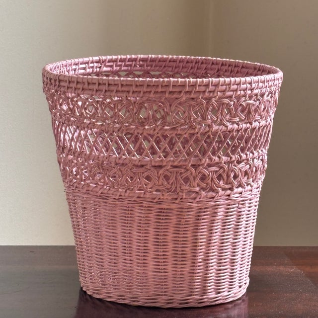 Mid-20th Century Bubble Gum Pink Wicker Wastebasket For Sale - Image 17 of 17