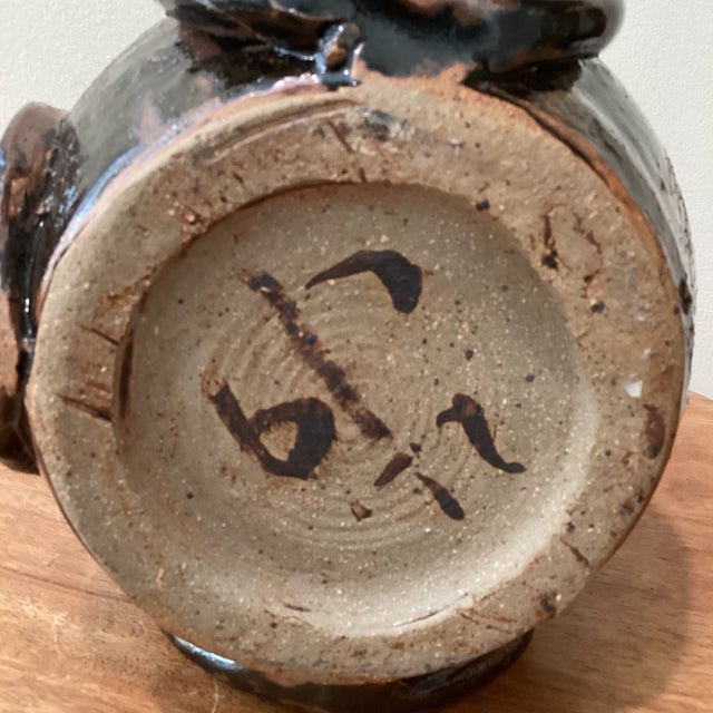 Vintage Art Nouveau Curved Shape Earthenware Double Handle Vase With Makes Mark For Sale - Image 10 of 12