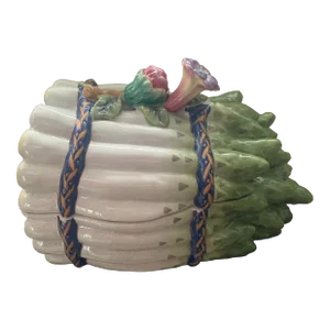 Large 1960s Majolica Ceramic Asparagus and Flower Soup Tureen