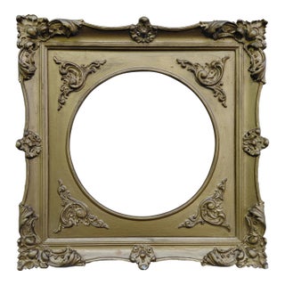 Mid-Century Ornate Gold Painted Square Wood Frame With Round Opening For Sale