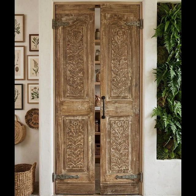 Antique-Style Carved Wood Door Panels, Pair – Narrow Arched Floral Motif 80x36 For Sale In Orlando - Image 6 of 7