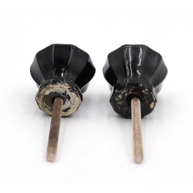 Pair of 1 In. Vintage Fluted Black Glass Cabinet Knobs For Sale - Image 4 of 4