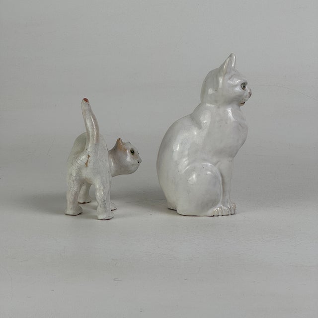 Pair of Vintage French White Tin Glazed Terracotta Cat Figurines With Green Glass Eyes For Sale In New York - Image 6 of 10