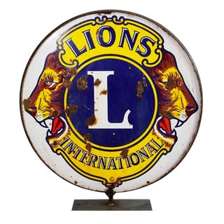 Vintage Lion's Club International Porcelain on Iron Double Sided Sign For Sale