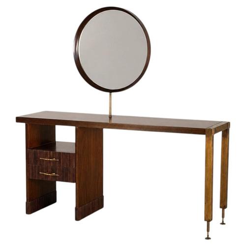 Mid-Century Italian Walnut Vanity Console with Brass Legs and Circular Mirror, 1950s For Sale - Image 17 of 17