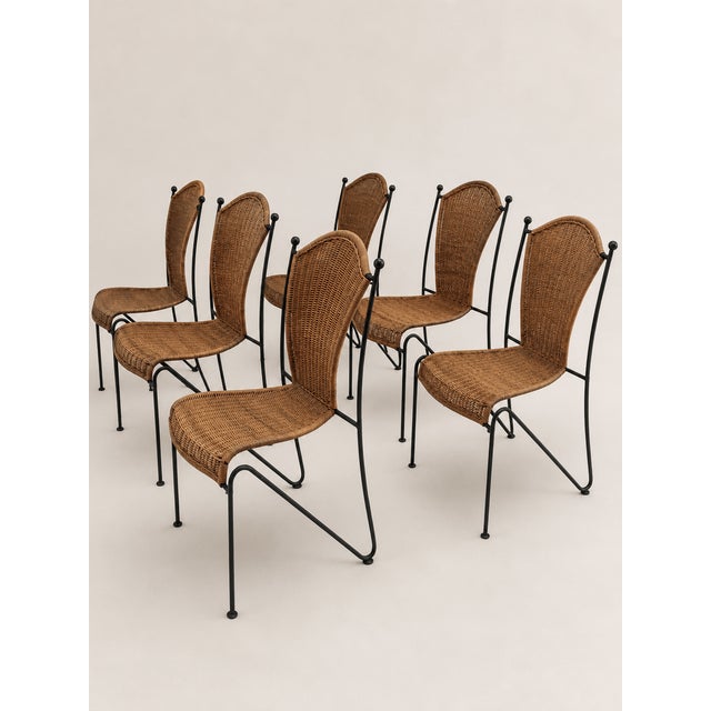 Mid-Century Wicker and Iron Dining Chairs attributed to Frederic Weinberg, 1950s, Set of 6 For Sale - Image 10 of 10