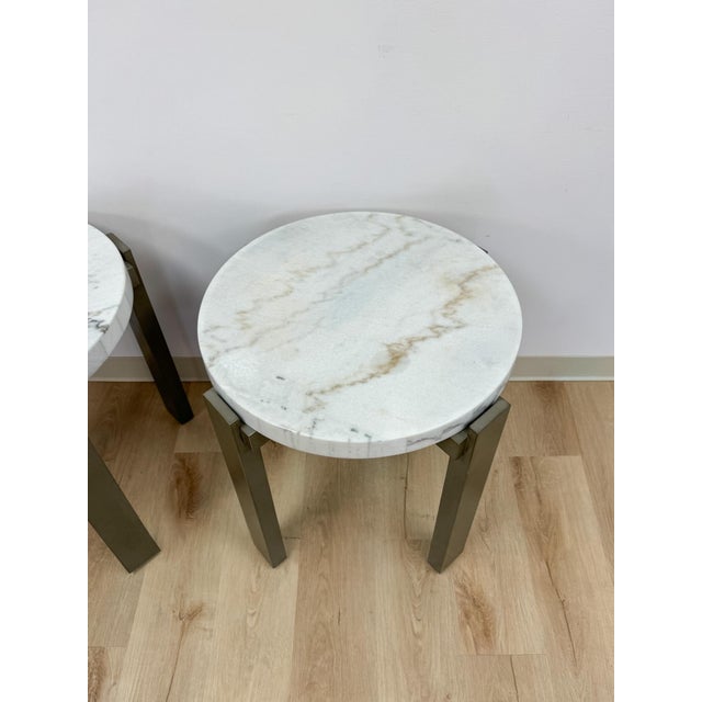 Early 21st Century Vintage Round End Tables Beige Marble Top Gray Metal Base Pair Modern Accent For Sale - Image 5 of 10